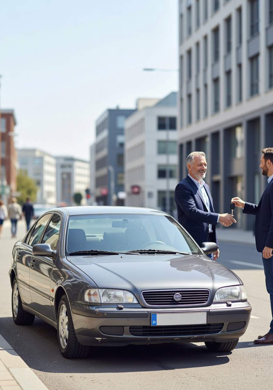 Team in Drensteinfurt, ein erfahrener Fahrzeugexperte aus Drensteinfurt nimmt das Fahrzeug eines zufriedenen Kunden ab. Seitlich steht der Wagen neben beiden.